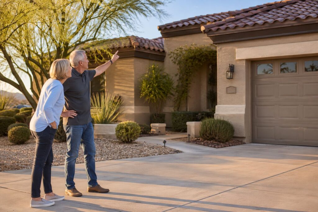 Long-term Phoenix rental property owners standing near their home on the driveway at sunrise.