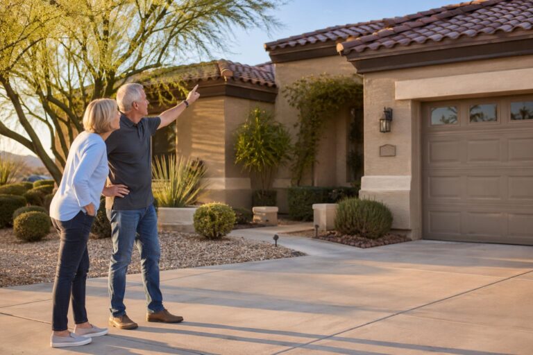 Long-term Phoenix rental property owners standing near their home on the driveway at sunrise.