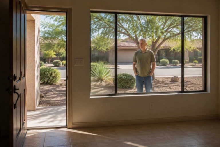 Rental property owner visible through the window of a vacant Phoenix home