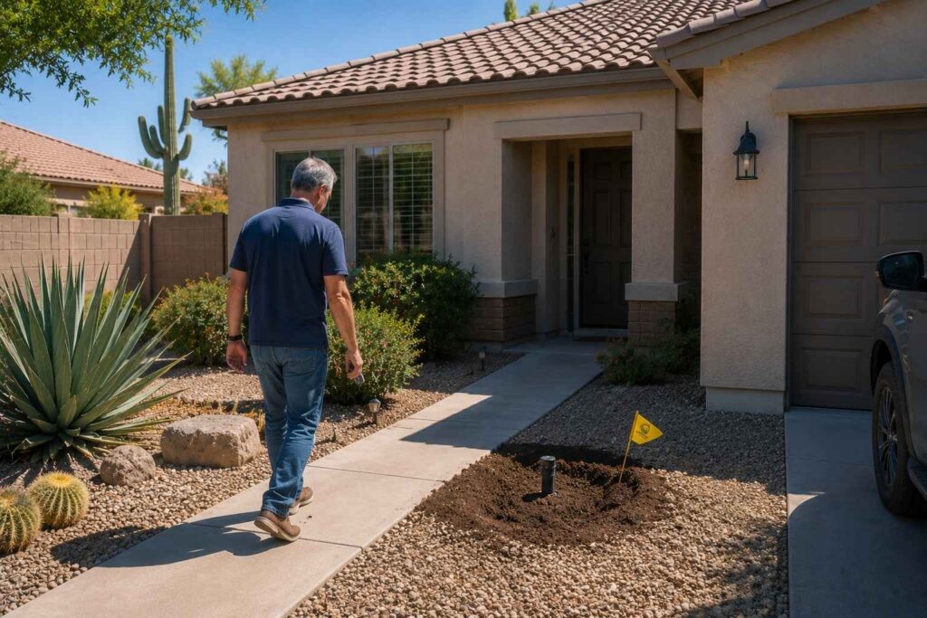 Rental property owner inspecting completed exterior work at a Phoenix rental home.