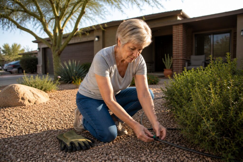 Rental property owner replacing a drip irrigation emitter beside a desert shrub at a Phoenix rental home.
