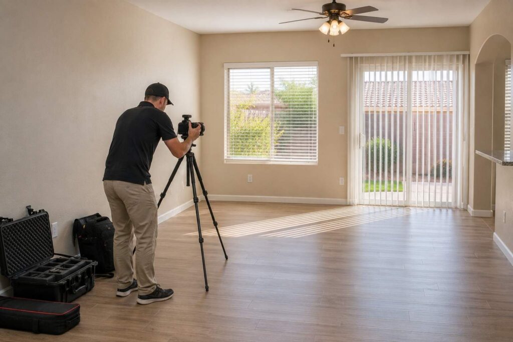 Real estate photographer preparing to photograph a Phoenix-area rental property interior.