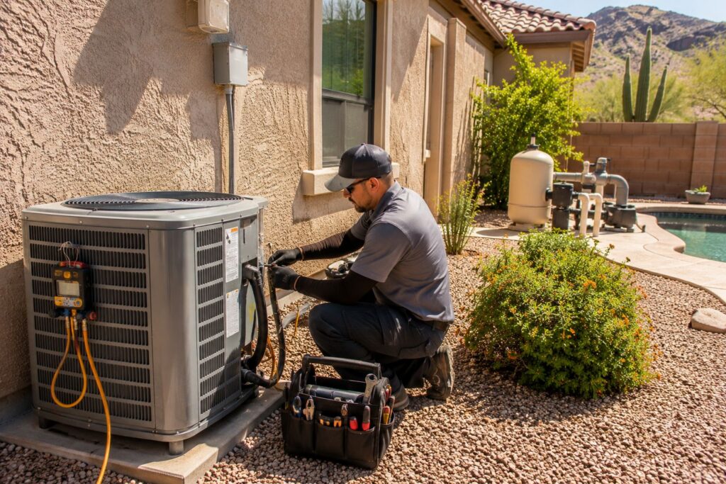 HVAC technician servicing an air-conditioning unit at a Phoenix rental property.