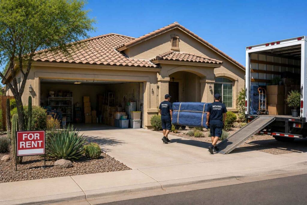 Empty rental home garage with movers loading household belongings into a truck.