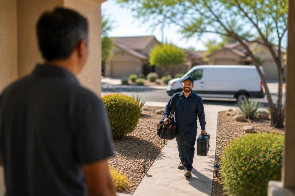 Rental property owner opening a side gate while a service technician arrives for scheduled work.