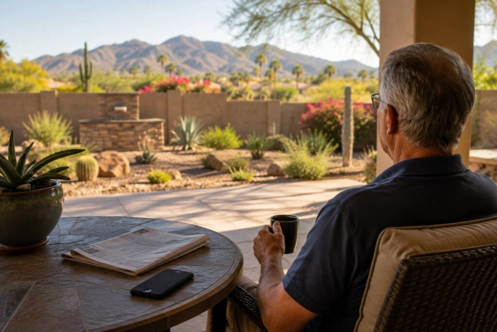 Retirement-age rental property owner enjoying coffee on a covered Phoenix-area patio overlooking a desert backyard.