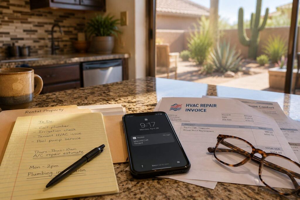 Repair invoices, handwritten notes, and a missed call notification related to rental property maintenance.