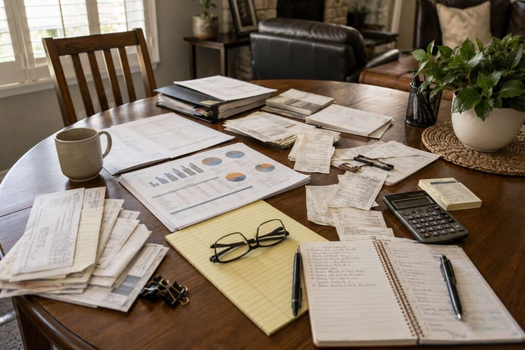 Property income and expense documents spread across a table with calculator and notes