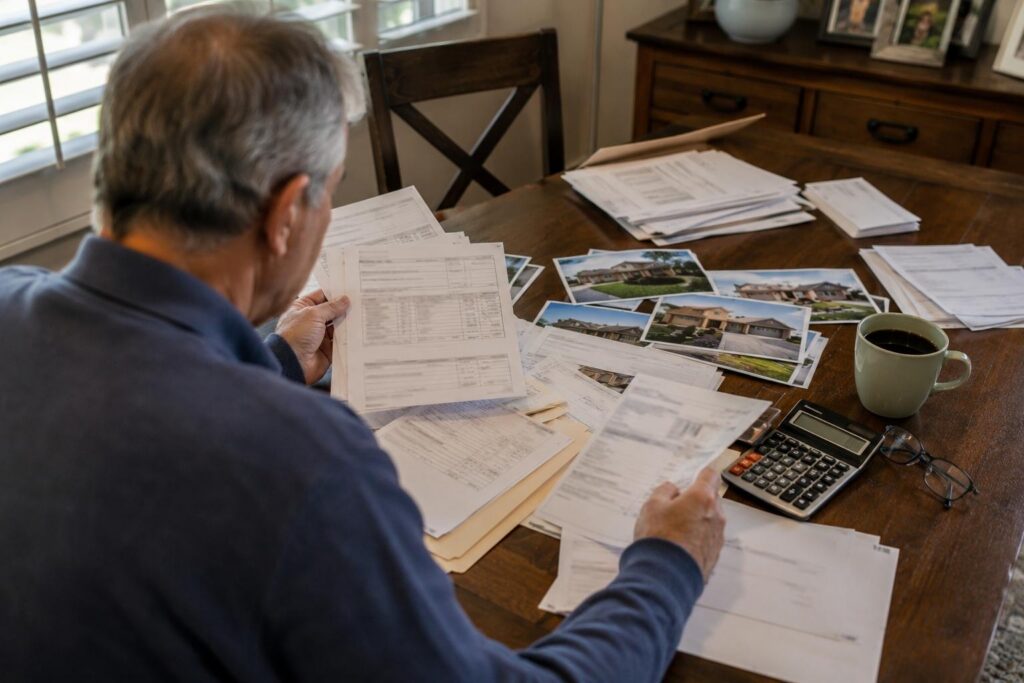 Rental property owner reviewing expenses, maintenance records, and property documents at a dining table.