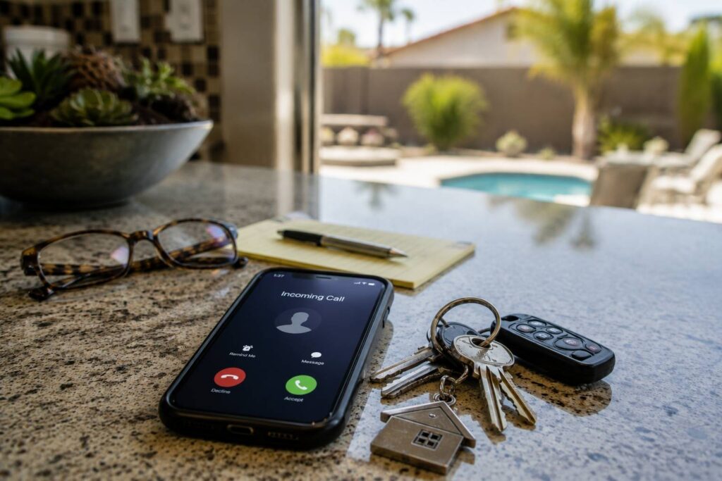 Smartphone displaying an incoming call beside property keys and a garage remote on a kitchen counter.