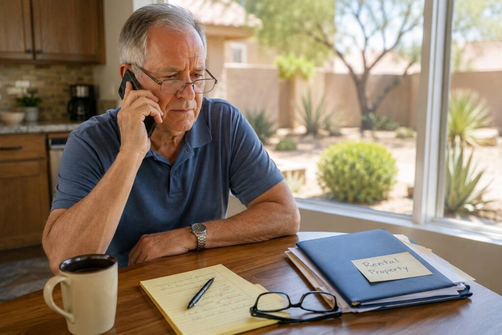 Retired rental property owner taking a tenant-related phone call at home.