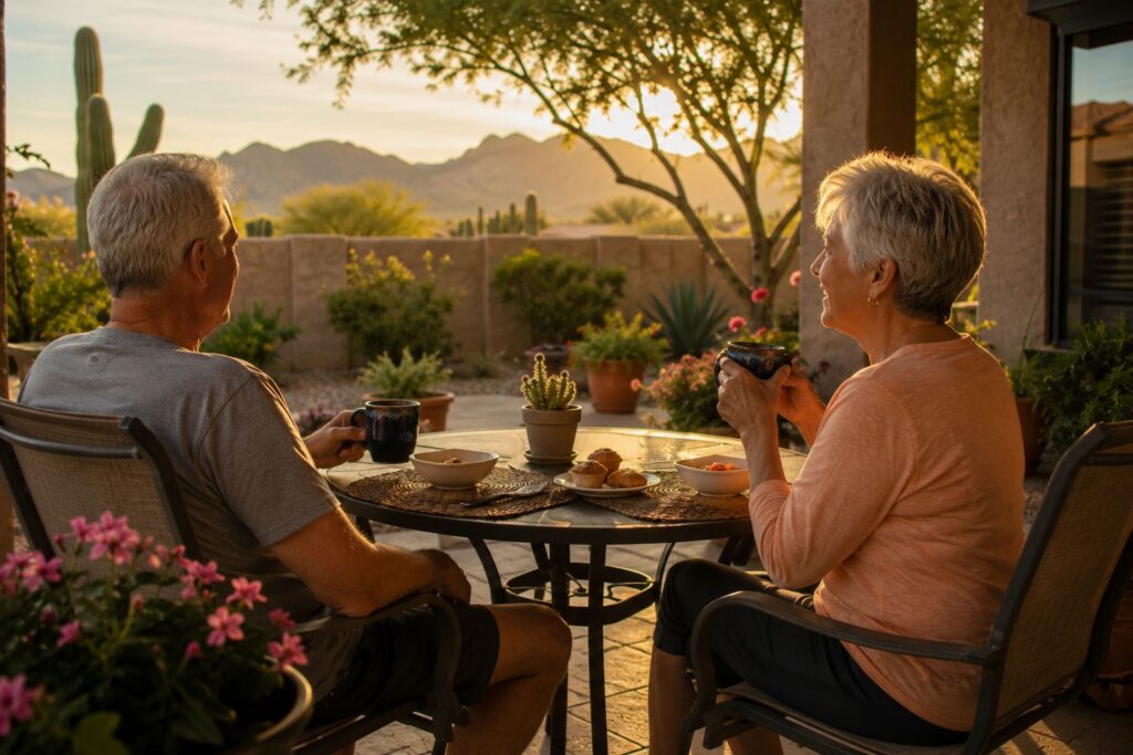 Retired couple enjoying breakfast together on an Arizona backyard patio.