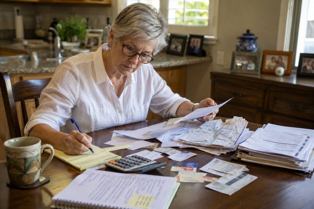 Rental property owner reviewing maintenance records and repair invoices at a kitchen table.