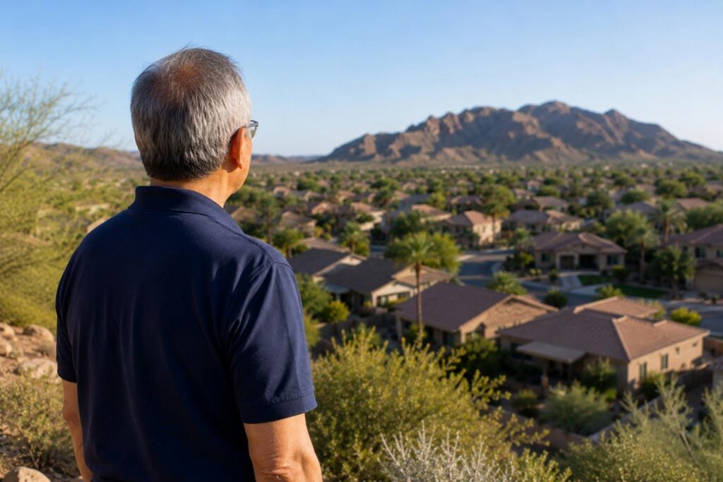 Over-the-shoulder view of a property owner looking across several residential investment properties.
