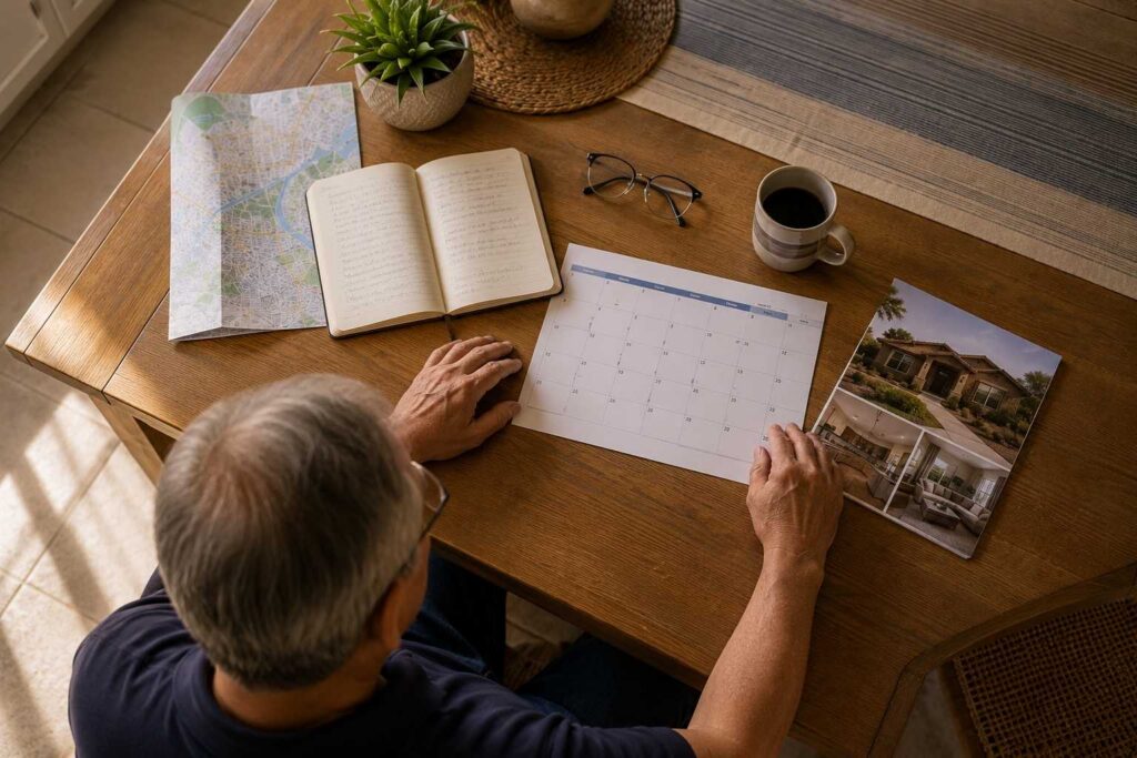 Close-up of a paper calendar, notebook, and property brochure arranged on a kitchen table.