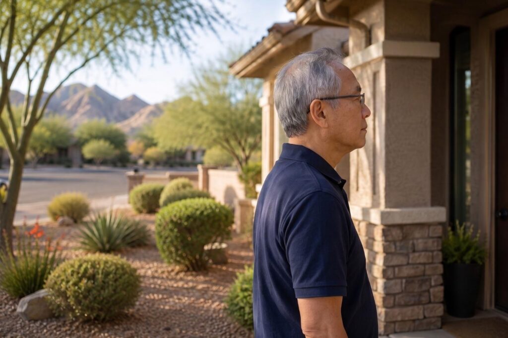 Rental property owner reviewing an occupied Phoenix rental from the front walkway before deciding to list.