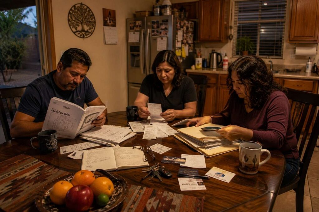 Three adult siblings reviewing household records around a kitchen table.
