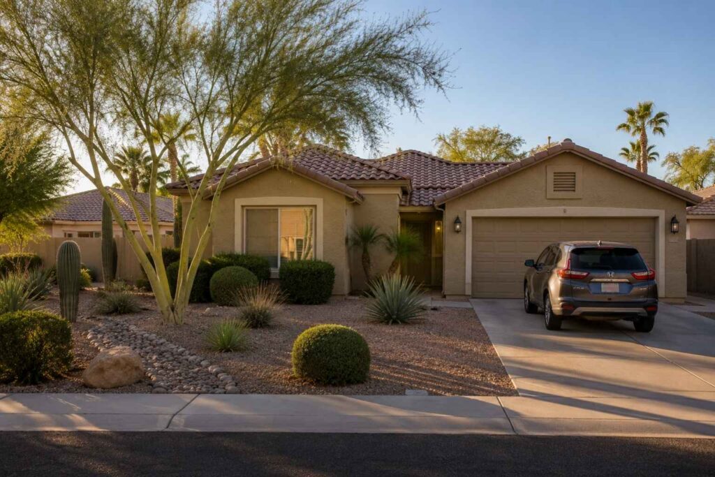 Exterior of an occupied Phoenix rental home with a tidy yard and a vehicle parked in the driveway.