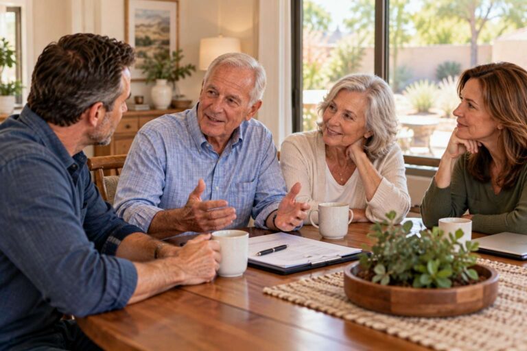 Family discussing estate planning and decisions about an inherited home.